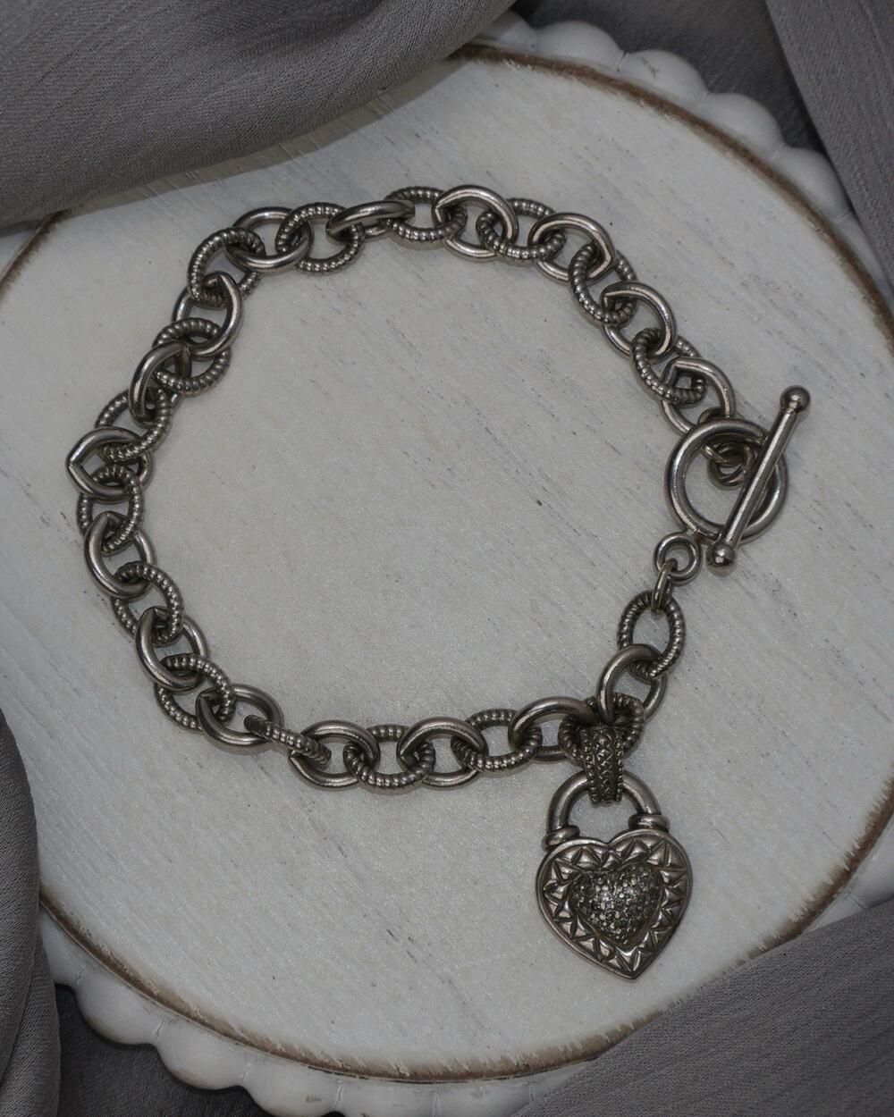 Sterling Silver Heart W/diamond Charm Bracelet 20G/8in